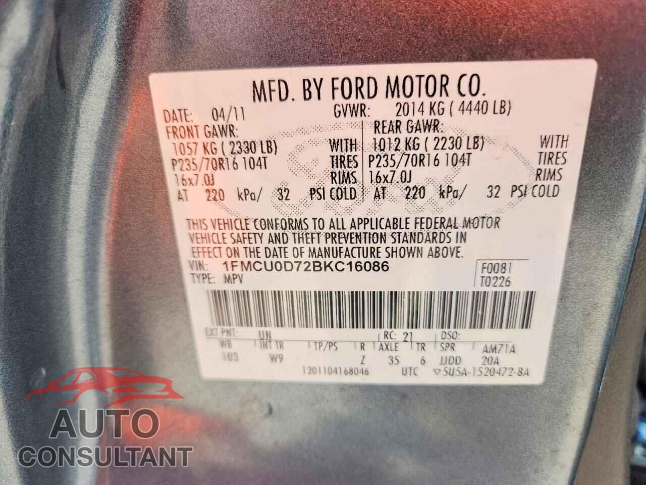 FORD ESCAPE 2011 - 1FMCU0D72BKC16086