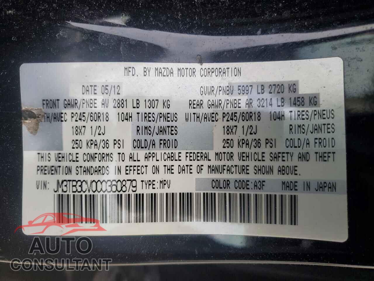 MAZDA CX-9 2012 - JM3TB3CV0C0360879