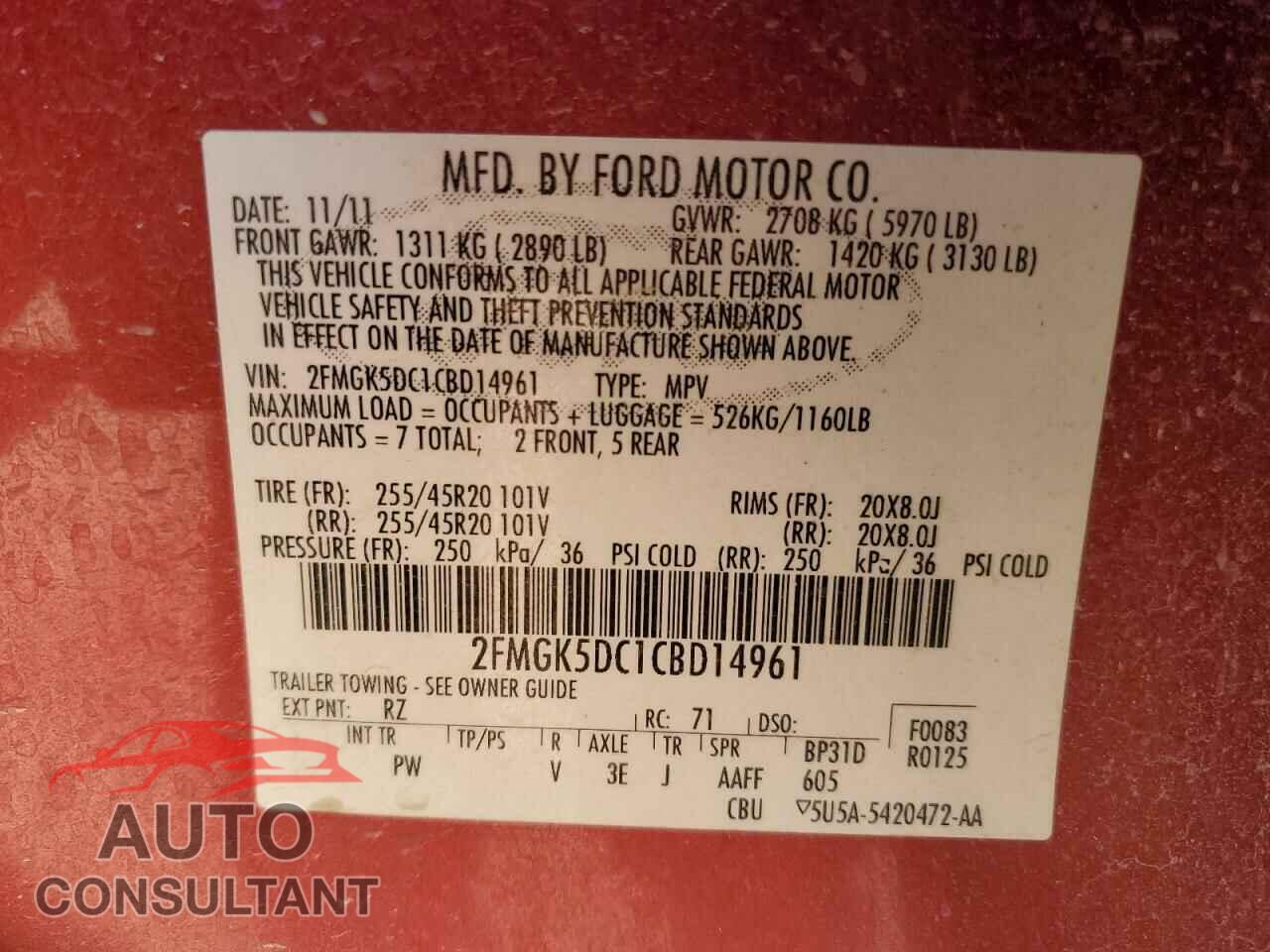 FORD FLEX 2012 - 2FMGK5DC1CBD14961