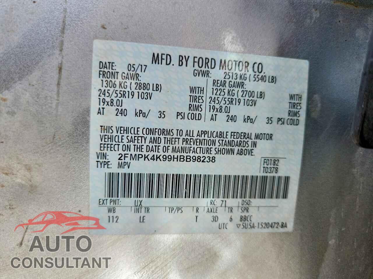 FORD EDGE 2017 - 2FMPK4K99HBB98238