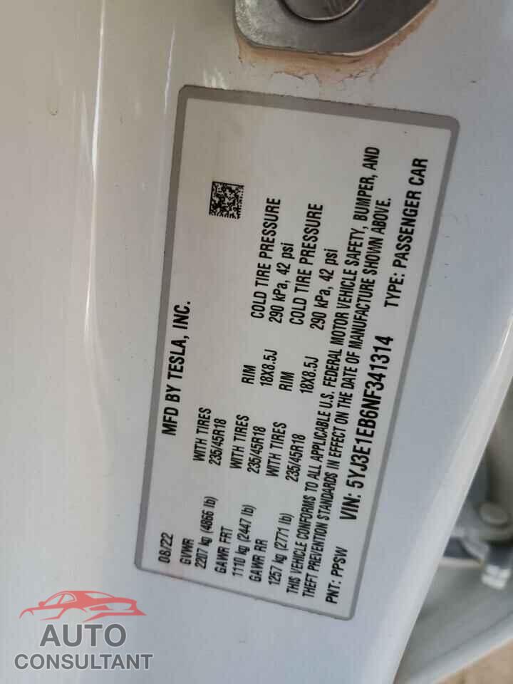 TESLA MODEL 3 2022 - 5YJ3E1EB6NF341314