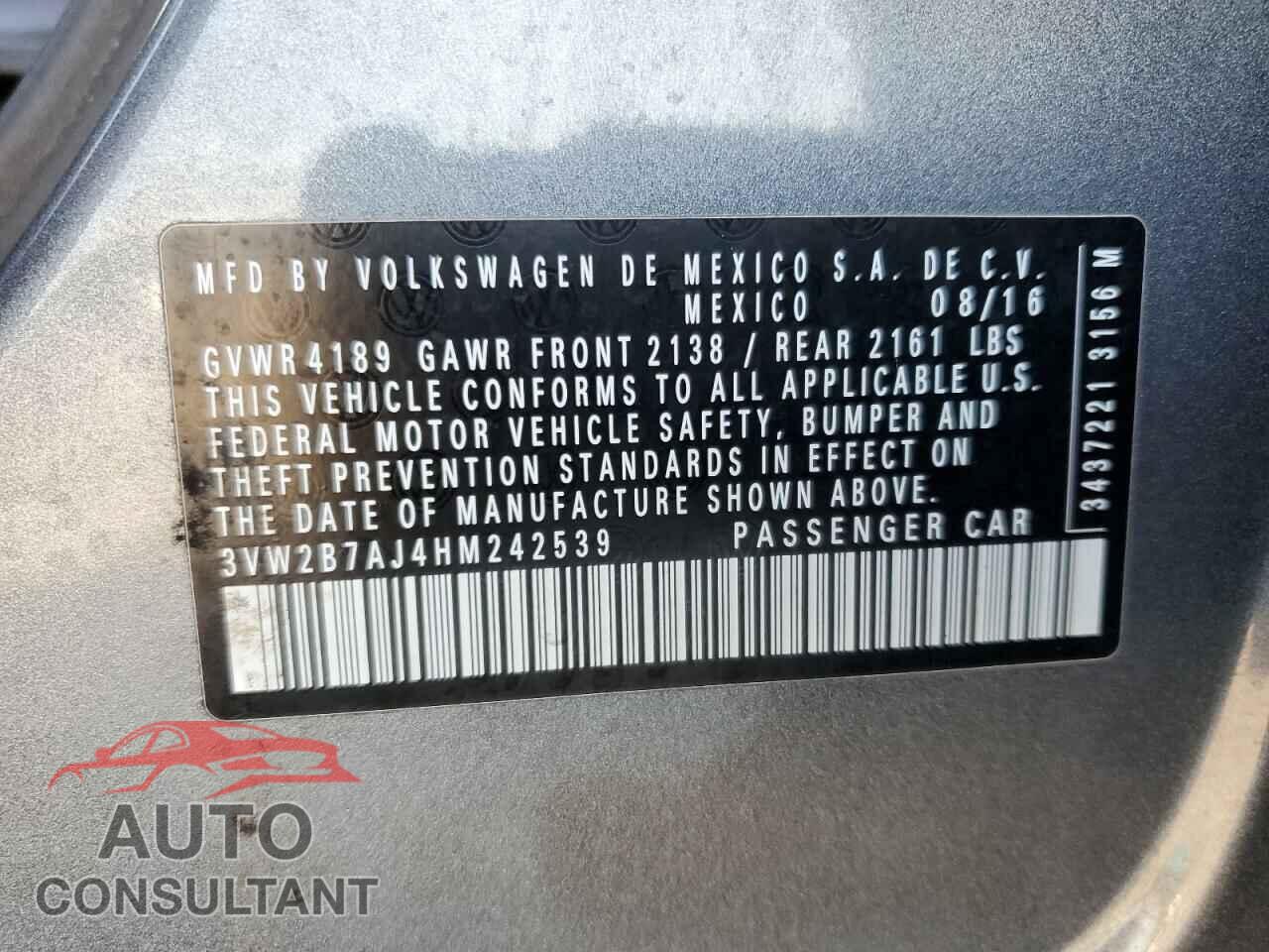 VOLKSWAGEN JETTA 2017 - 3VW2B7AJ4HM242539