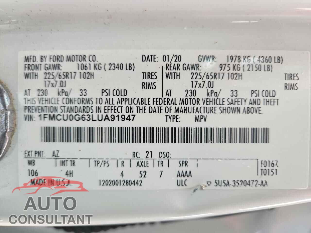 FORD ESCAPE 2020 - 1FMCU0G63LUA91947