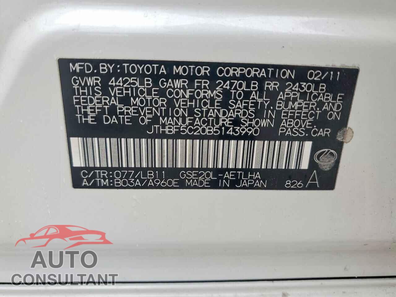 LEXUS IS 2011 - JTHBF5C20B5143990
