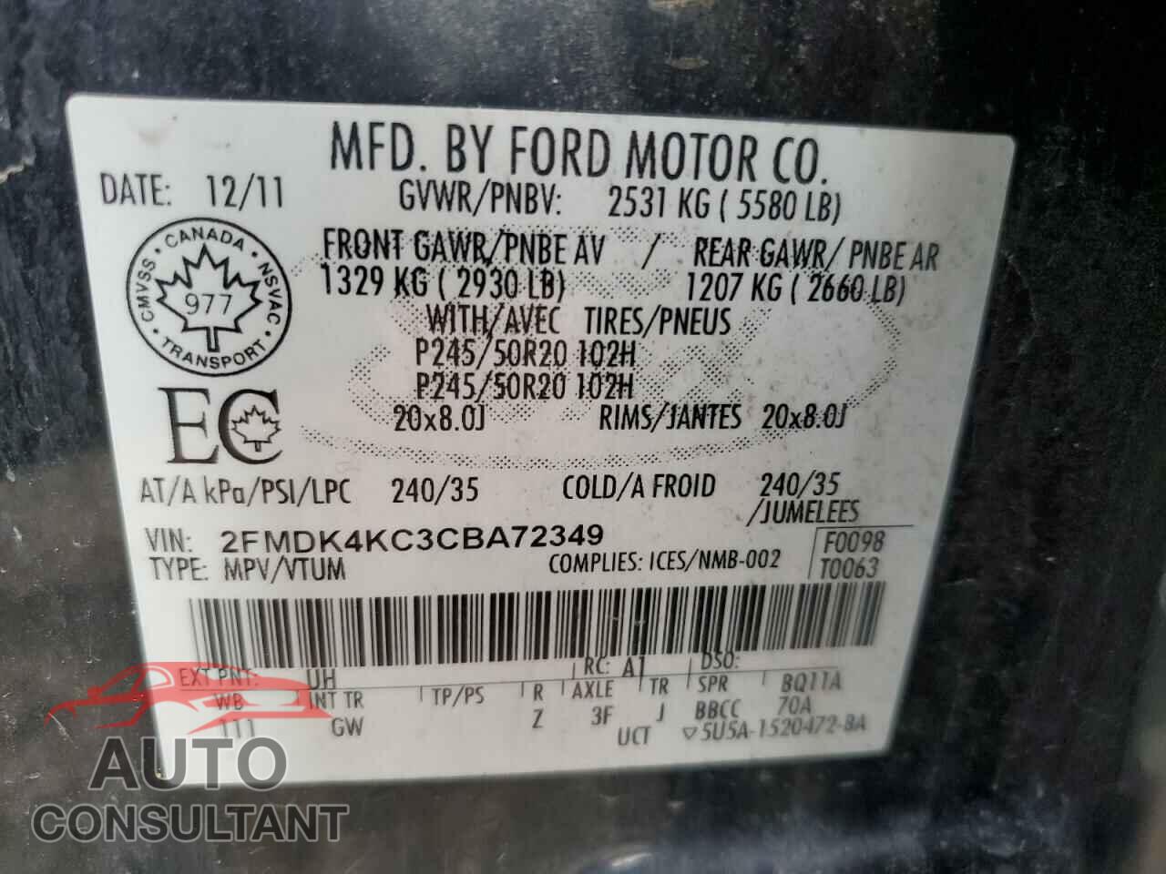 FORD EDGE 2012 - 2FMDK4KC3CBA72349