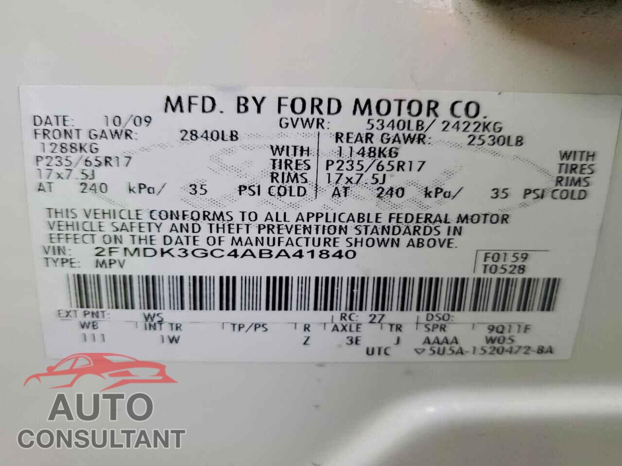 FORD EDGE 2010 - 2FMDK3GC4ABA41840