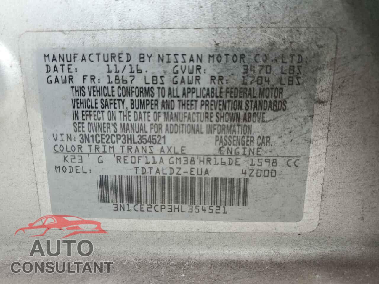 NISSAN VERSA 2017 - 3N1CE2CP3HL354521