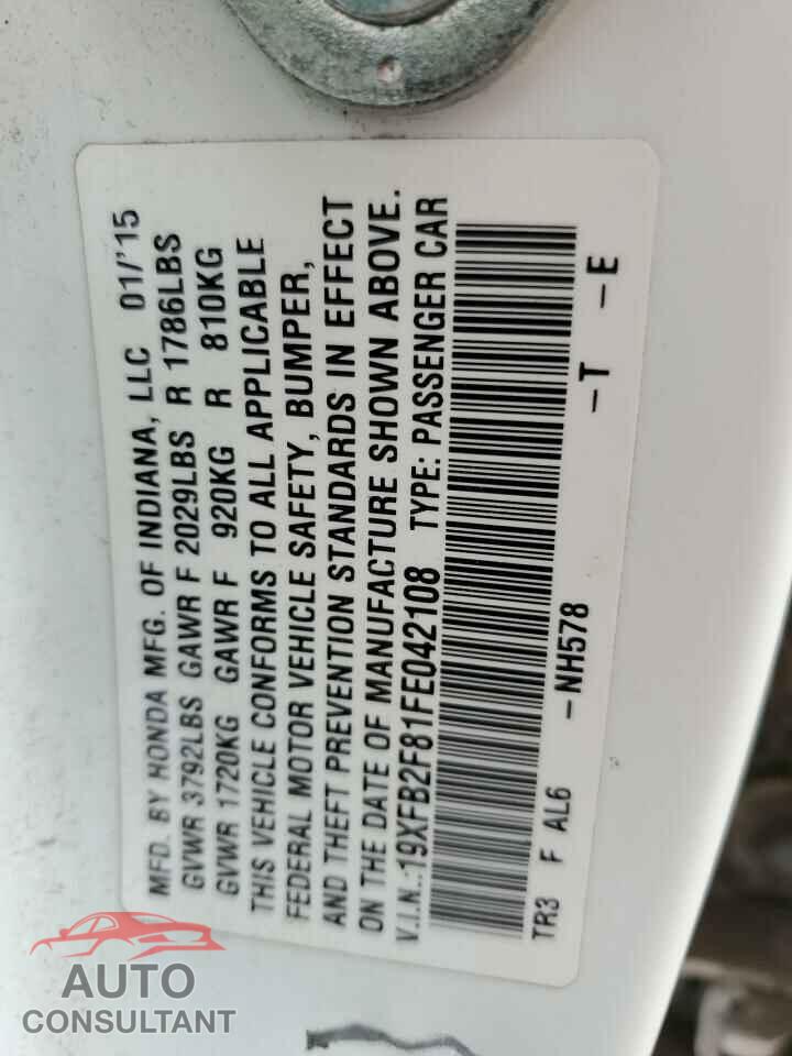 HONDA CIVIC 2015 - 19XFB2F81FE042108