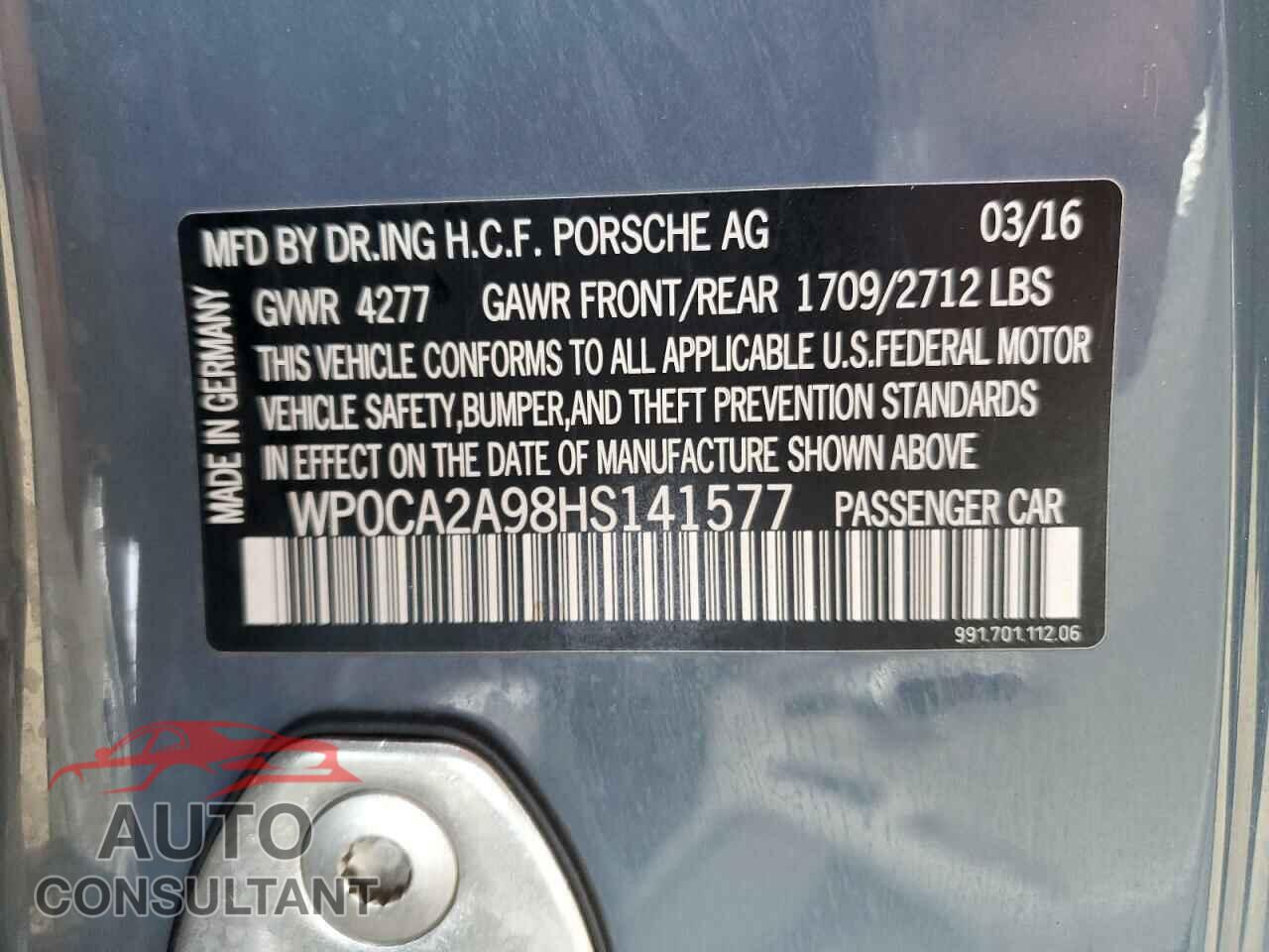 PORSCHE 911 2017 - WP0CA2A98HS141577