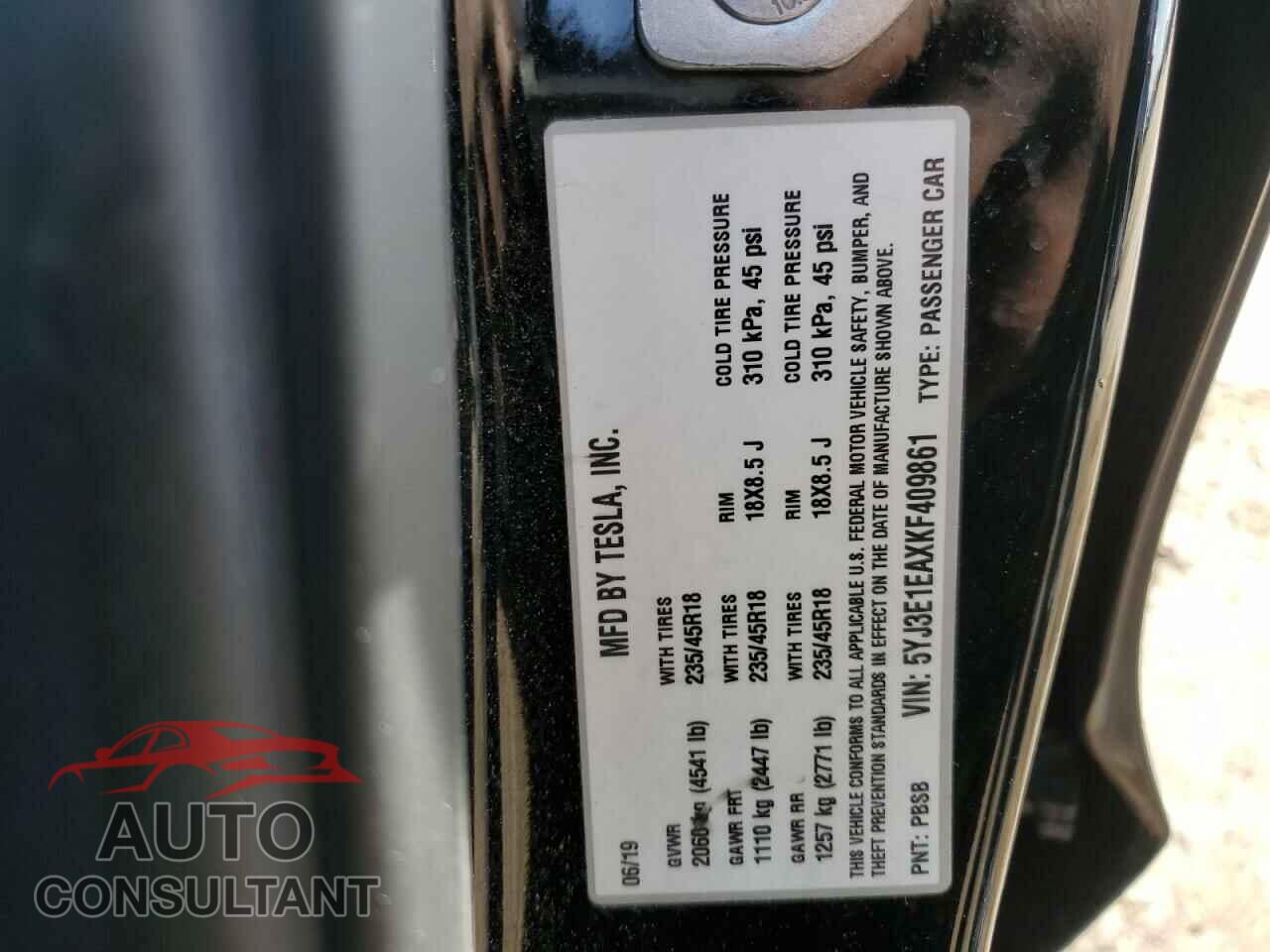 TESLA MODEL 3 2019 - 5YJ3E1EAXKF409861
