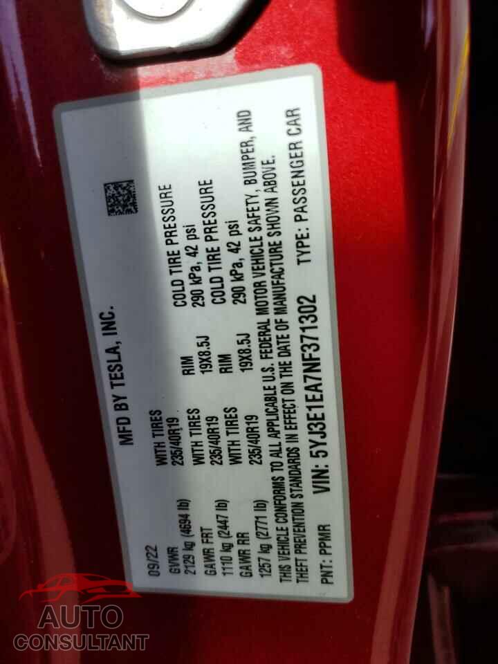 TESLA MODEL 3 2022 - 5YJ3E1EA7NF371302