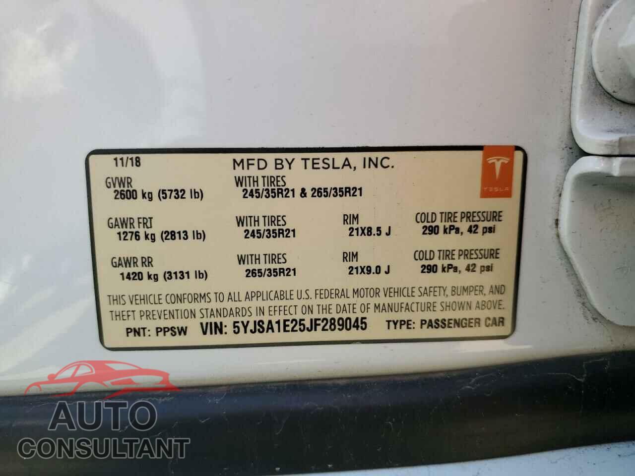 TESLA MODEL S 2018 - 5YJSA1E25JF289045