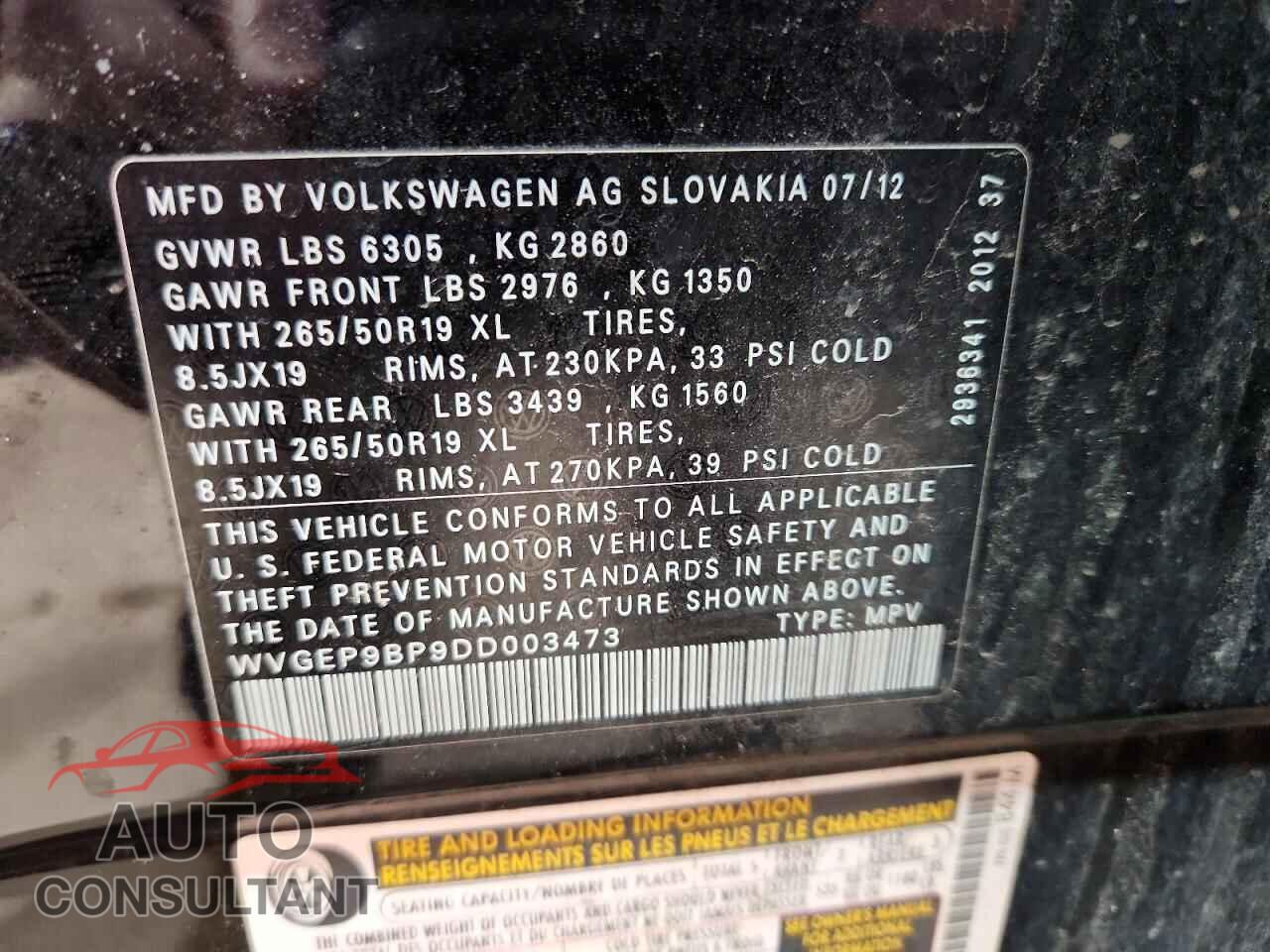 VOLKSWAGEN TOUAREG 2013 - WVGEP9BP9DD003473