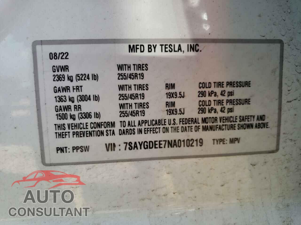 TESLA MODEL Y 2022 - 7SAYGDEE7NA010219
