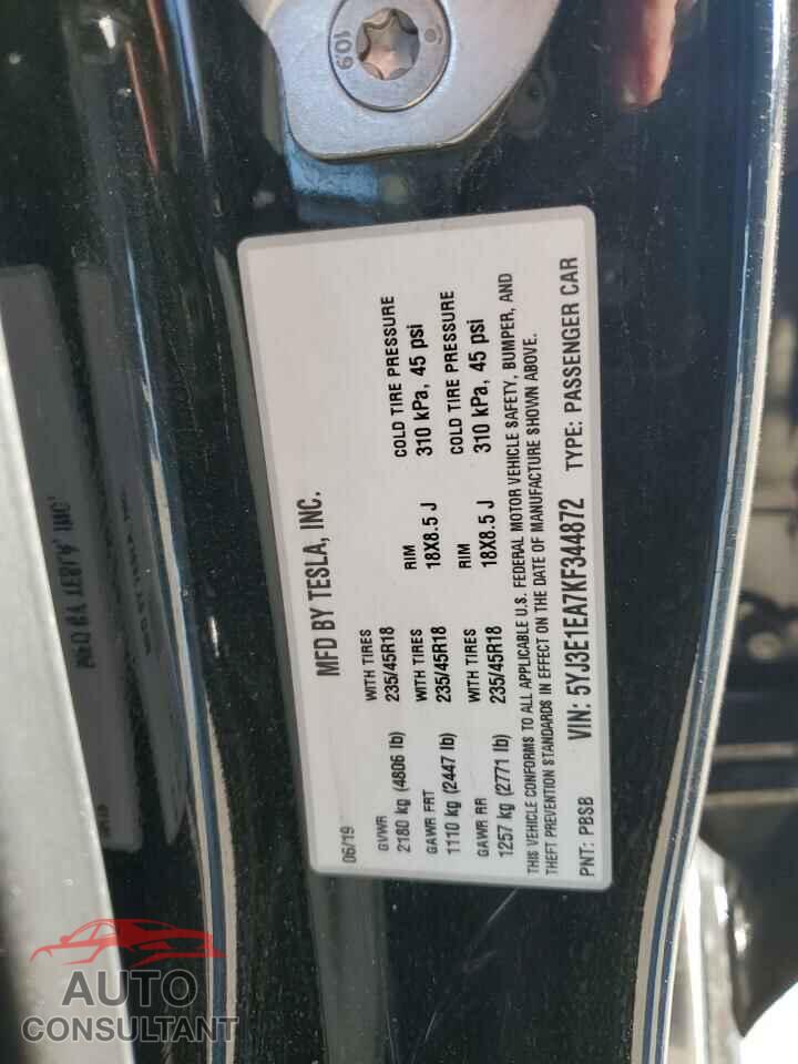 TESLA MODEL 3 2019 - 5YJ3E1EA7KF344872