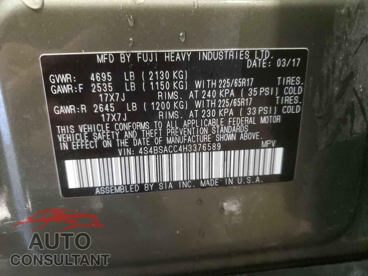 SUBARU OUTBACK 2017 - 4S4BSACC4H3376589
