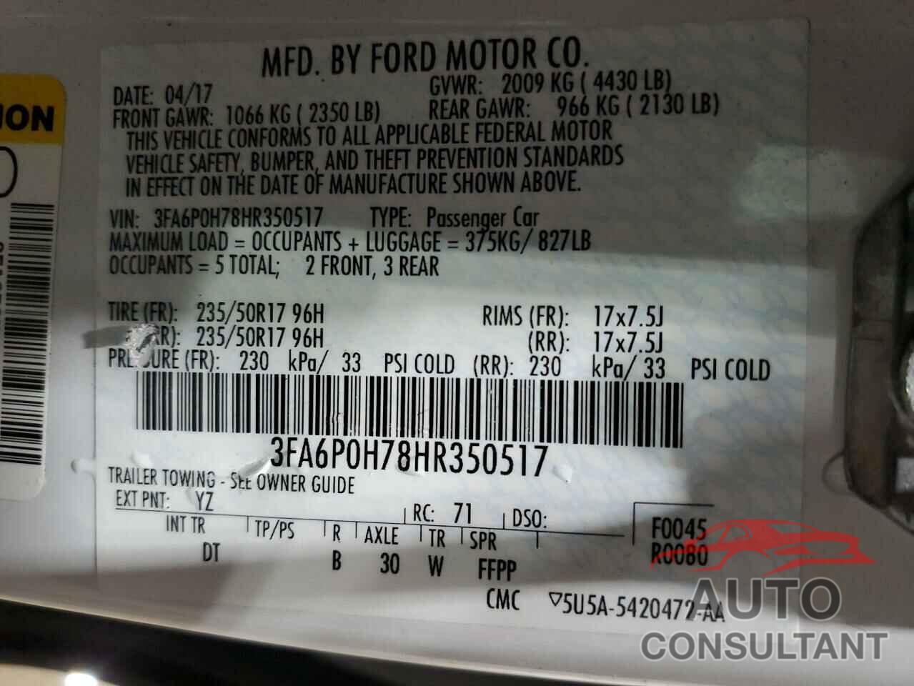 FORD FUSION 2017 - 3FA6P0H78HR350517