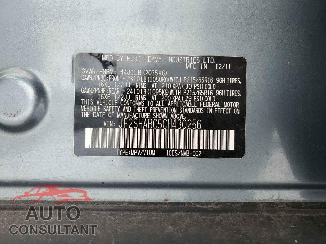 SUBARU FORESTER 2012 - JF2SHABC5CH430256