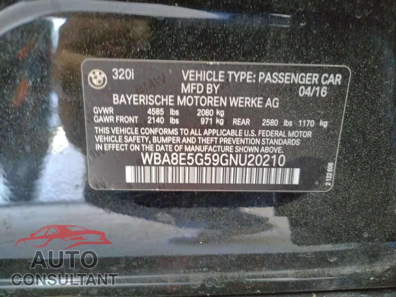 BMW 3 SERIES 2016 - WBA8E5G59GNU20210
