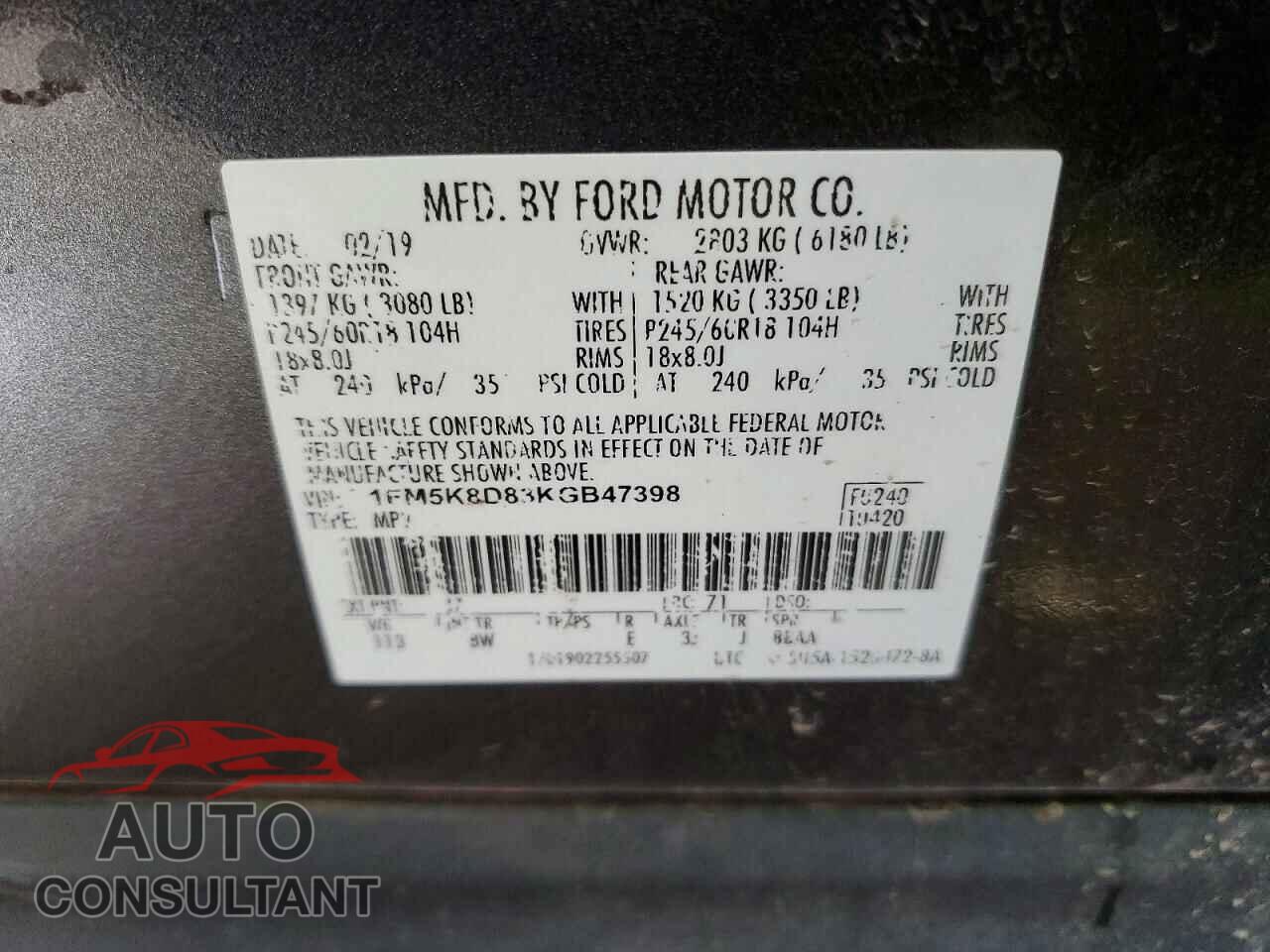 FORD EXPLORER 2019 - 1FM5K8D83KGB47398