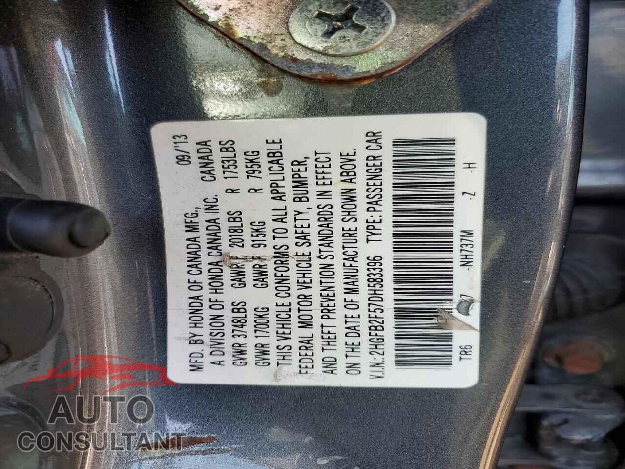 HONDA CIVIC 2013 - 2HGFB2F57DH583396