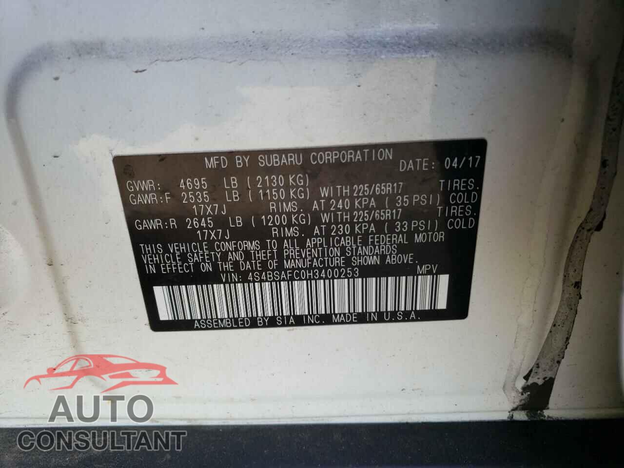 SUBARU OUTBACK 2017 - 4S4BSAFC0H3400253