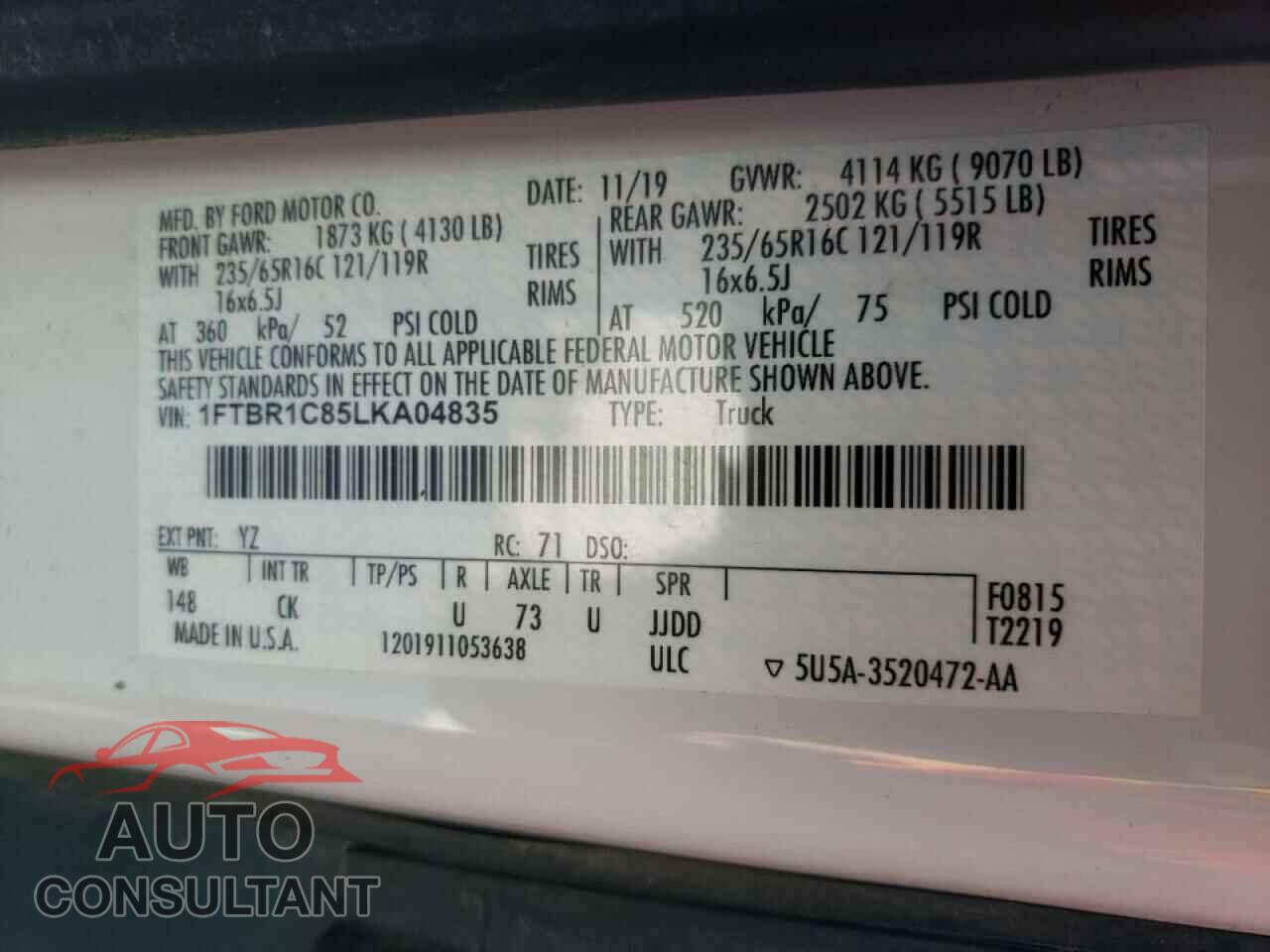 FORD TRANSIT CO 2020 - 1FTBR1C85LKA04835
