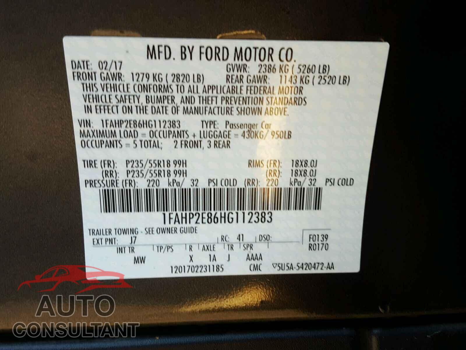 FORD TAURUS 2017 - 1FAHP2E86HG112383