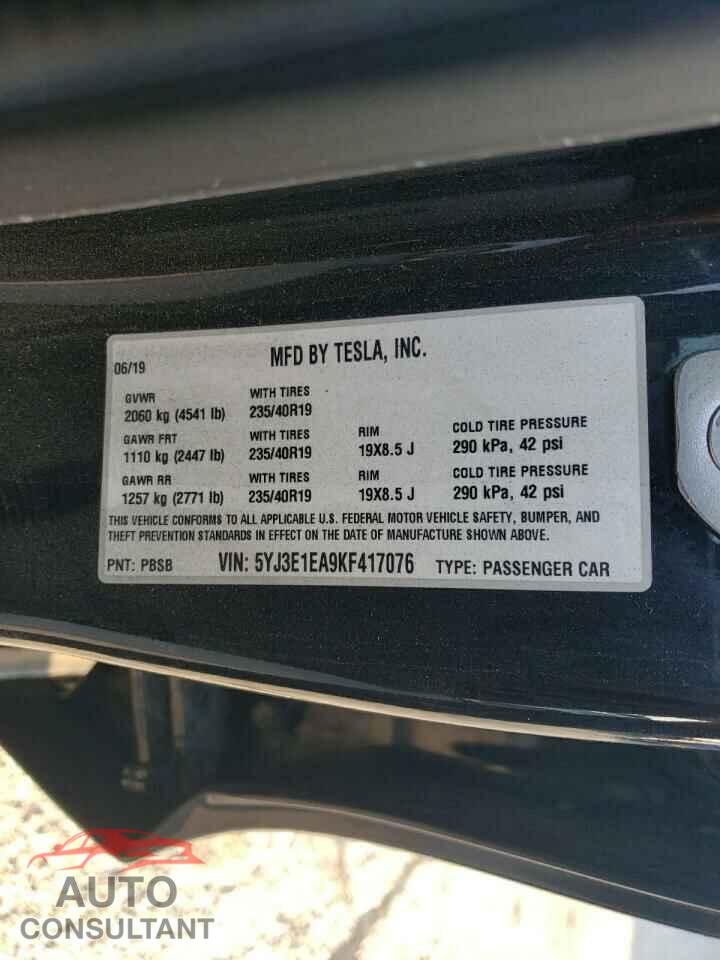 TESLA MODEL 3 2019 - 5YJ3E1EA9KF417076