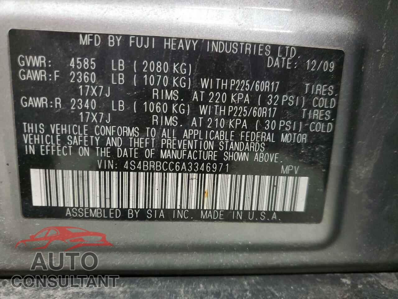 SUBARU OUTBACK 2010 - 4S4BRBCC6A3346971