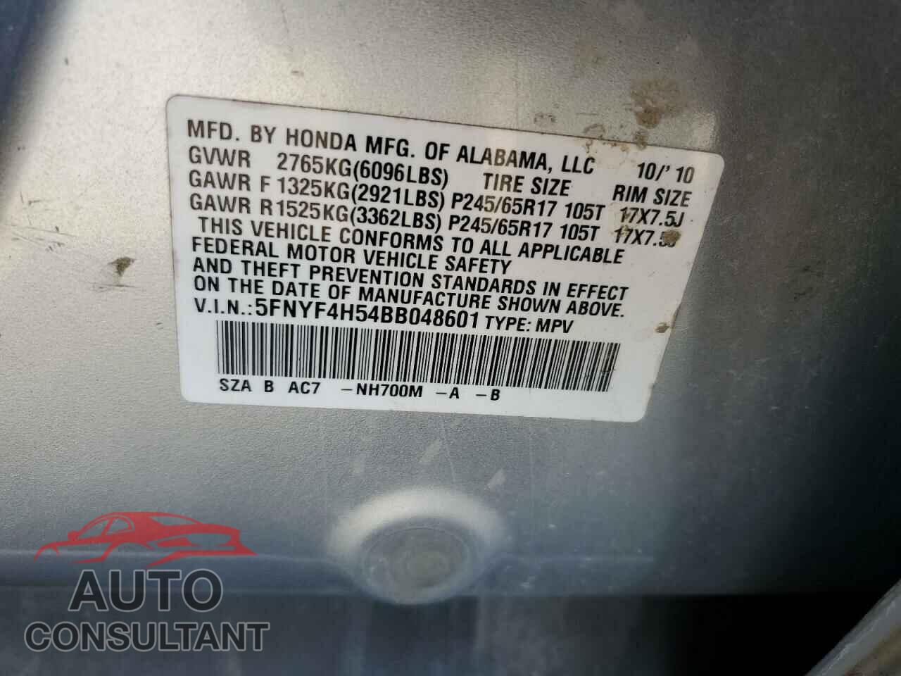 HONDA PILOT 2011 - 5FNYF4H54BB048601