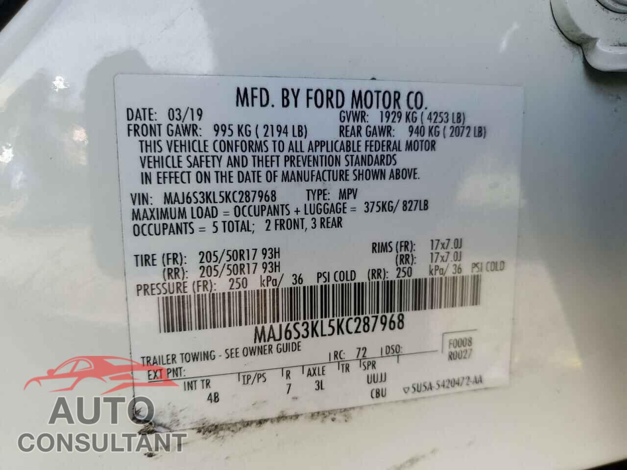 FORD ECOSPORT 2019 - MAJ6S3KL5KC287968