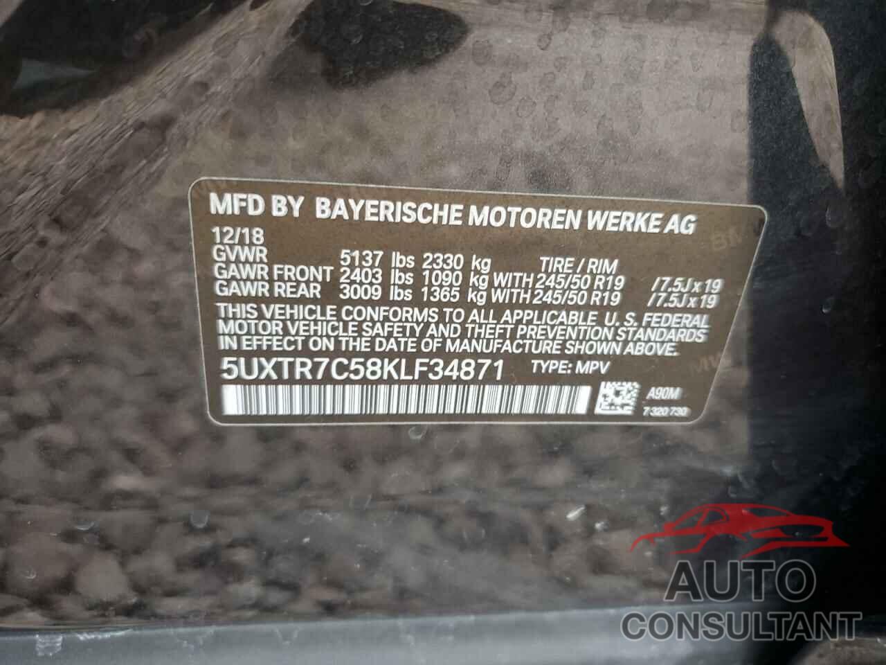 BMW X3 2019 - 5UXTR7C58KLF34871