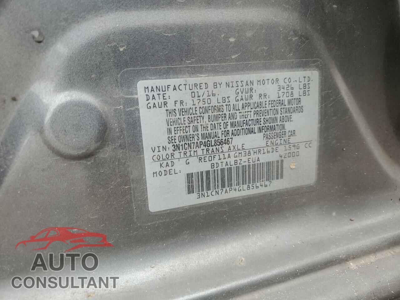 NISSAN VERSA 2016 - 3N1CN7AP4GL856467