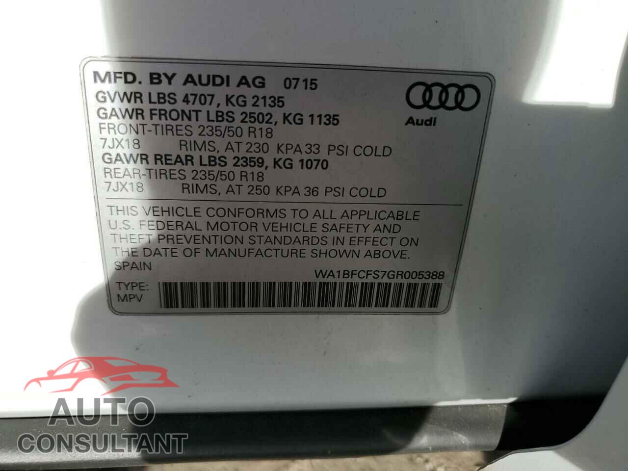 AUDI Q3 2016 - WA1BFCFS7GR005388