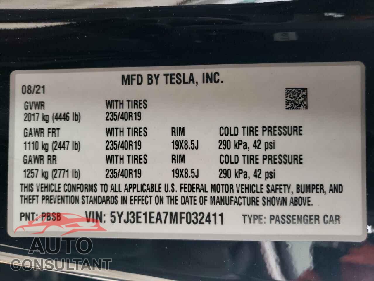 TESLA MODEL 3 2021 - 5YJ3E1EA7MF032411