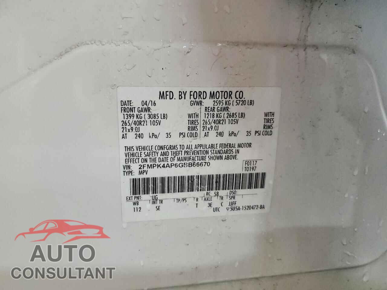 FORD EDGE 2016 - 2FMPK4AP6GBB66670