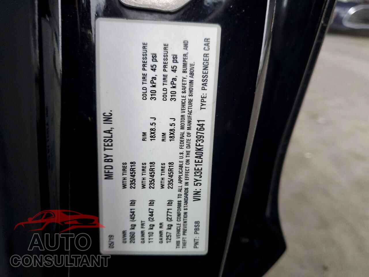 TESLA MODEL 3 2019 - 5YJ3E1EA0KF397641