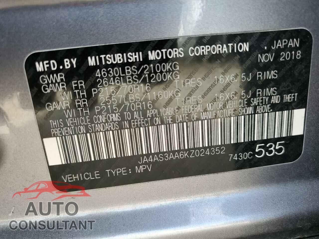 MITSUBISHI ECLIPSE 2019 - JA4AS3AA6KZ024352