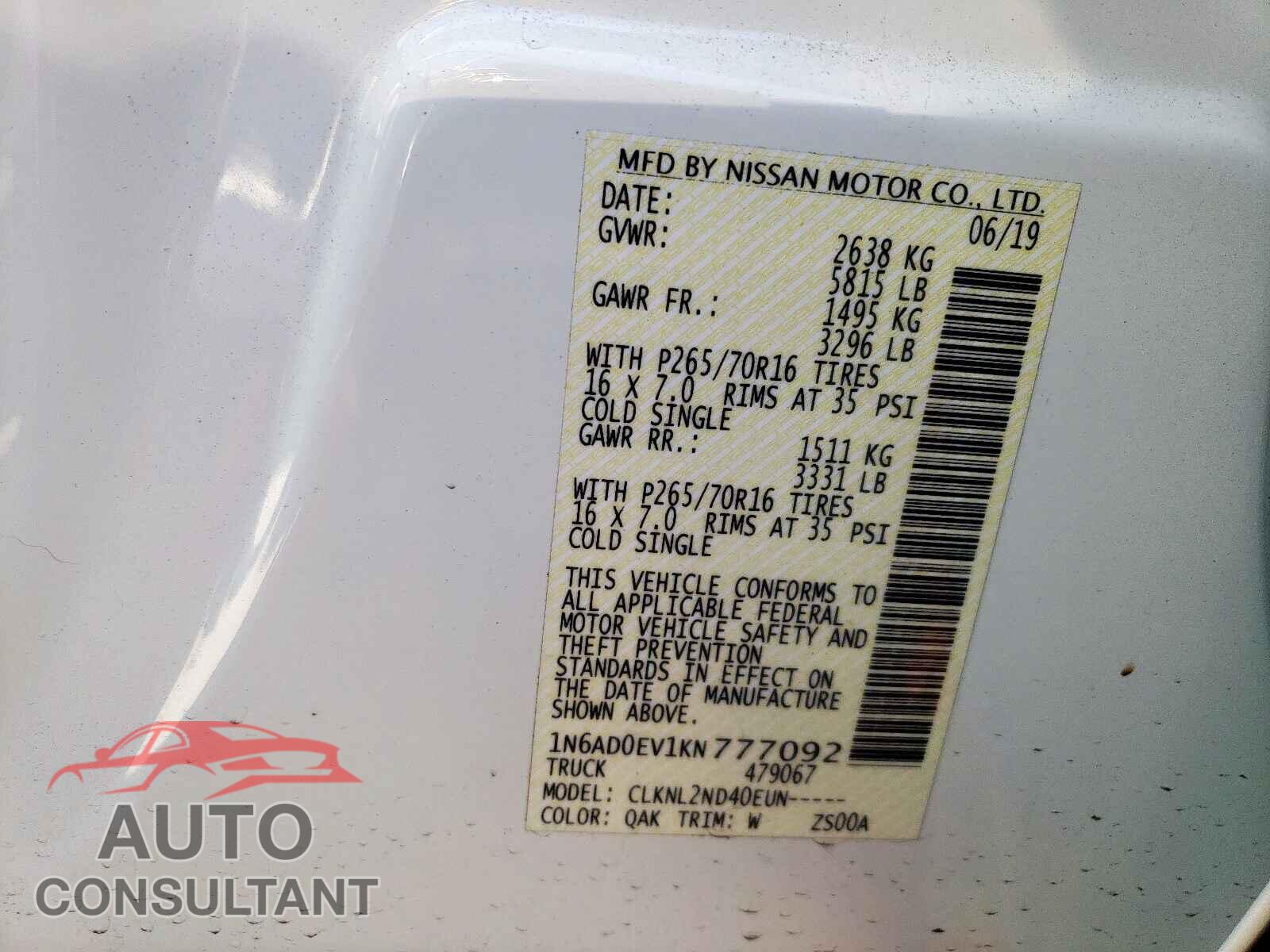 NISSAN FRONTIER 2019 - 1N6AD0EV1KN777092