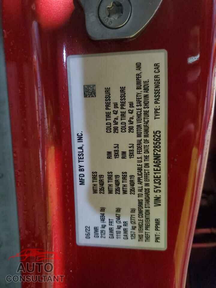TESLA MODEL 3 2022 - 5YJ3E1EA6NF285625