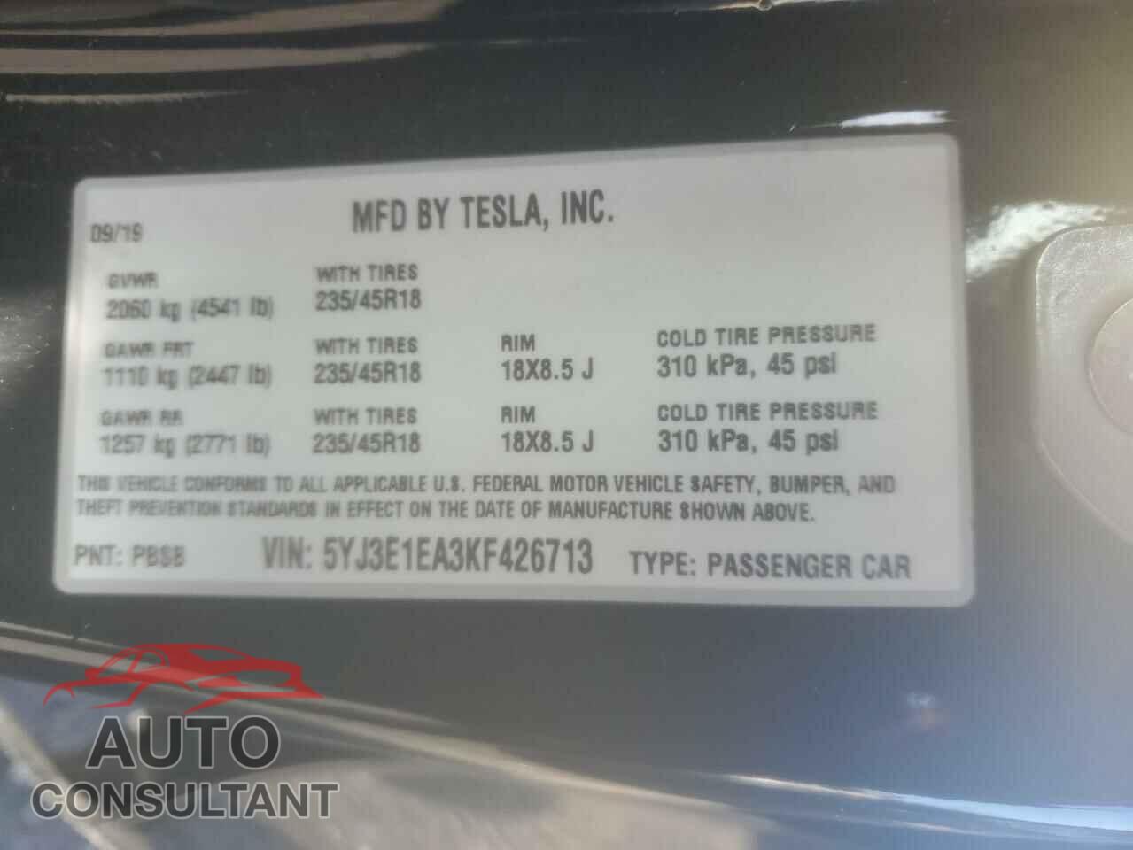 TESLA MODEL 3 2019 - 5YJ3E1EA3KF426713