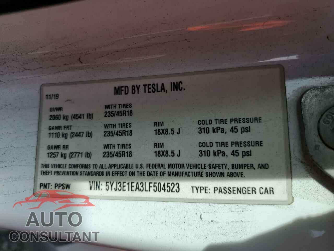 TESLA MODEL 3 2020 - 5YJ3E1EA3LF504523