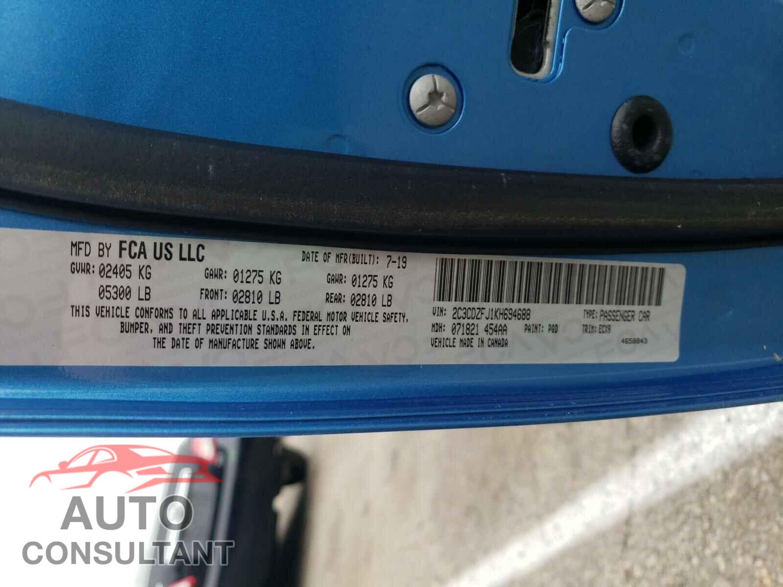 DODGE CHALLENGER 2019 - 2C3CDZFJ1KH694688