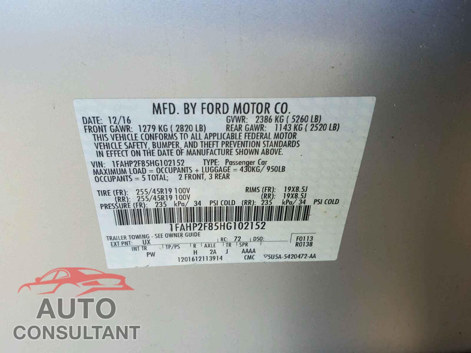FORD TAURUS 2017 - 1FAHP2F85HG102152