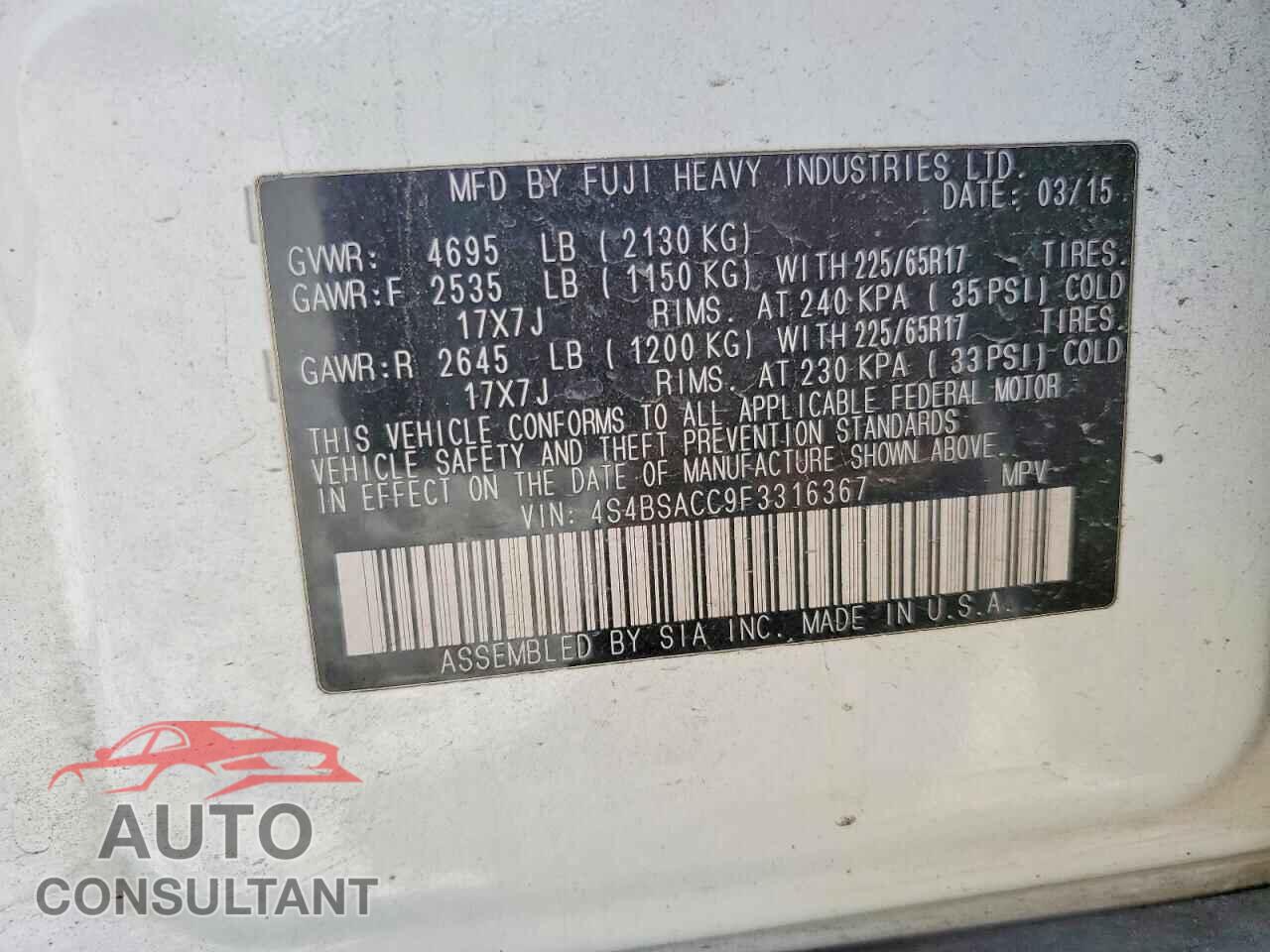 SUBARU OUTBACK 2015 - 4S4BSACC9F3316367
