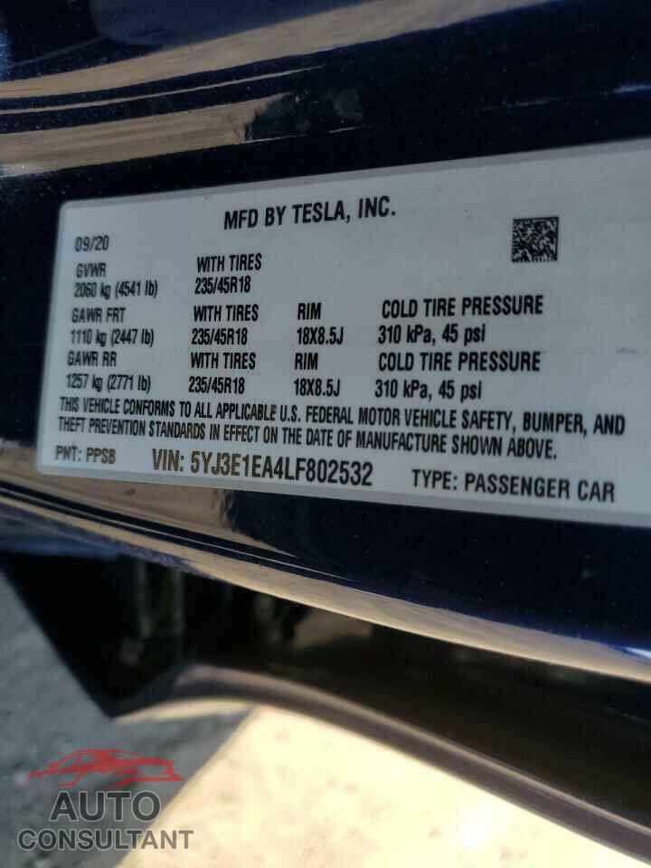 TESLA MODEL 3 2020 - 5YJ3E1EA4LF802532
