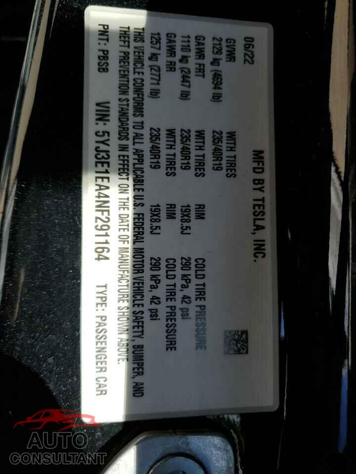 TESLA MODEL 3 2022 - 5YJ3E1EA4NF291164