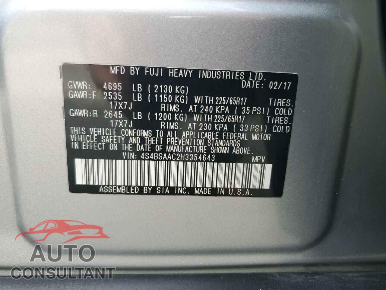 SUBARU OUTBACK 2017 - 4S4BSAAC2H3354643