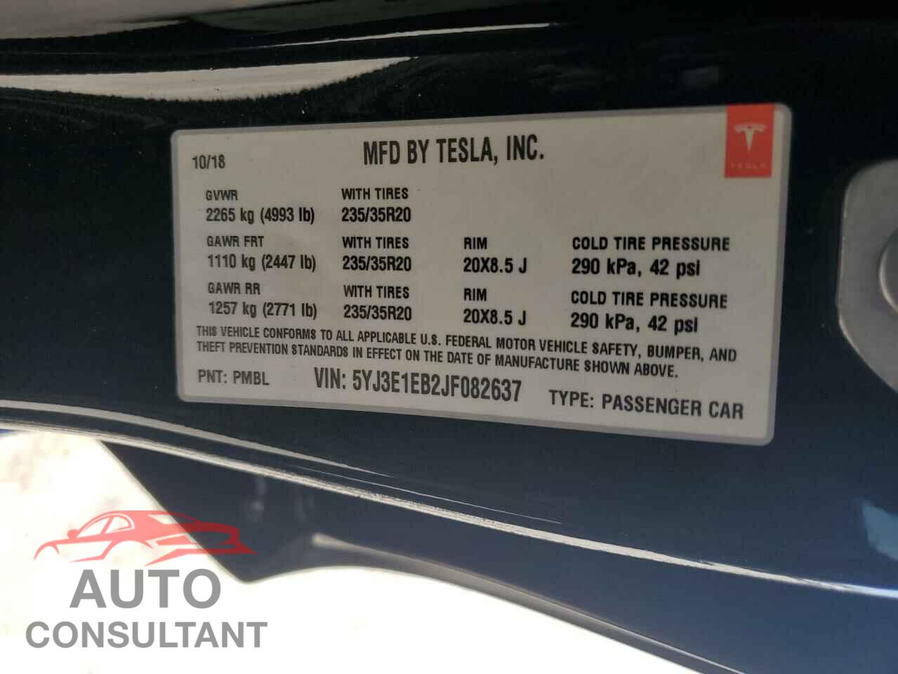 TESLA MODEL 3 2018 - 5YJ3E1EB2JF082637